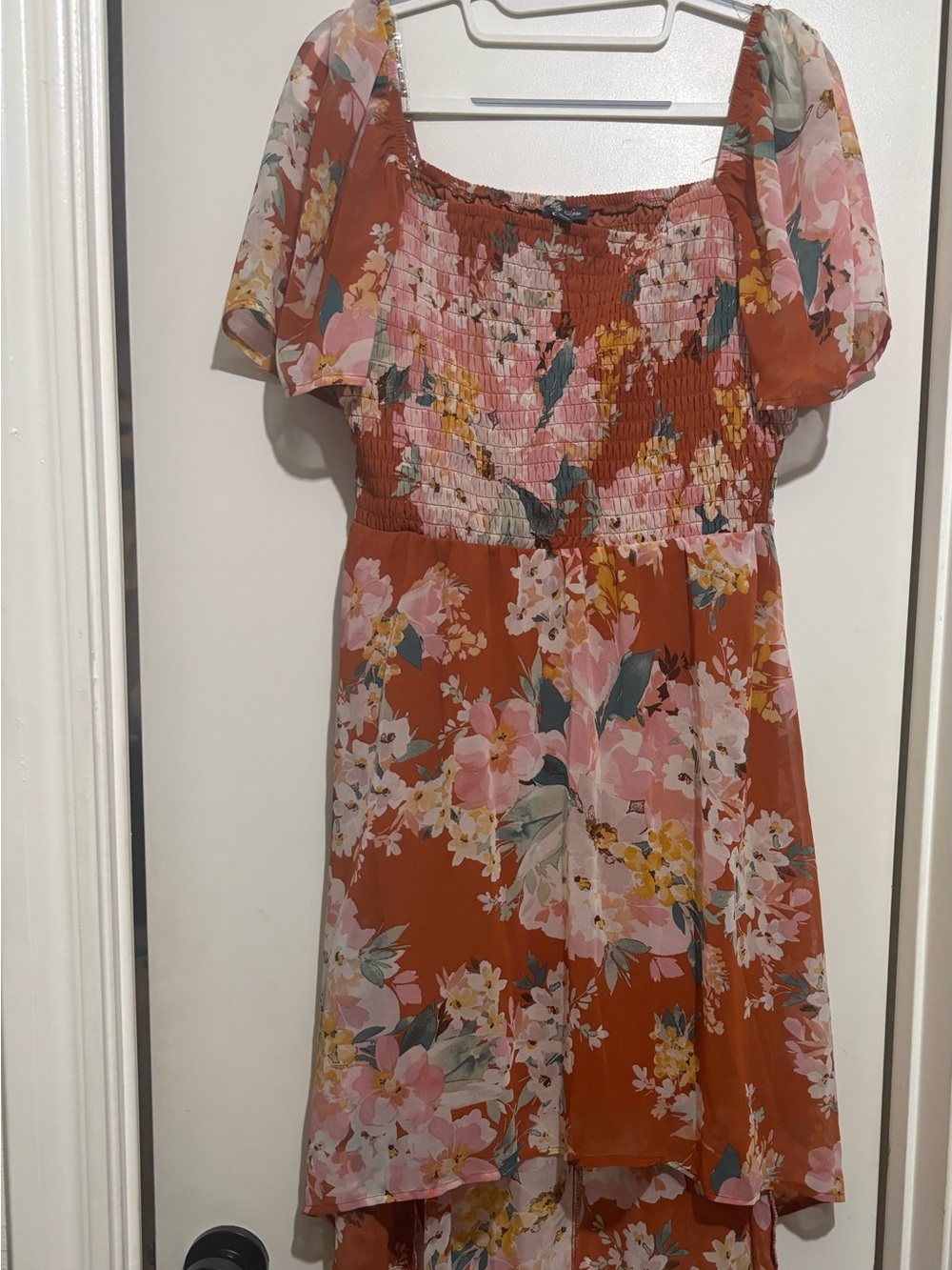 Floral Rust Pink Smocked Midi Dress